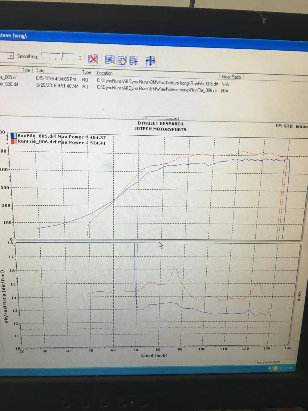 Dyno results screen showing power and air/fuel ratio graphs from Jotech Motorsports tuning for a BMW M4.