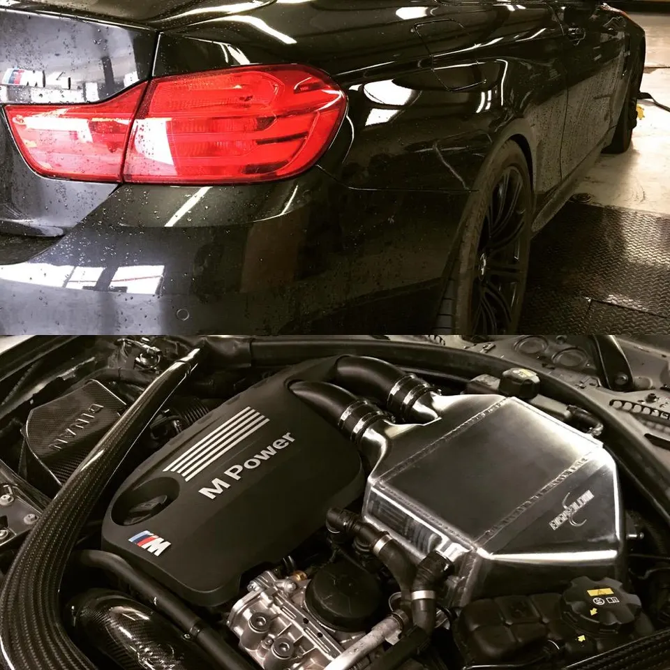 Rear view of a black BMW M4 and a close-up of its engine bay featuring an Evolution Racewerks intercooler and carbon fiber intake.