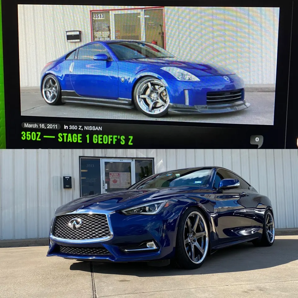 Blue Infiniti Q60 with custom wheels parked outside a shop, with a screenshot of a blue Nissan 350Z above.