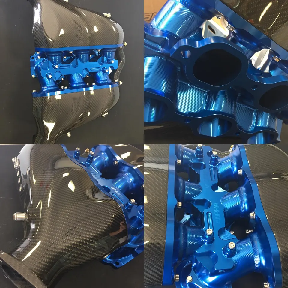 A blue anodized and carbon fiber Alpha Performance intake manifold shown from multiple angles.