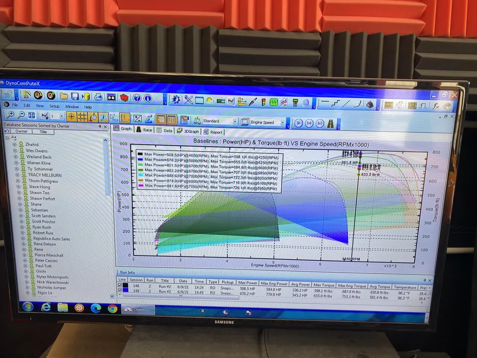 DynoCompuTex software displaying power and torque graphs from a dyno run, showing horsepower and torque figures.