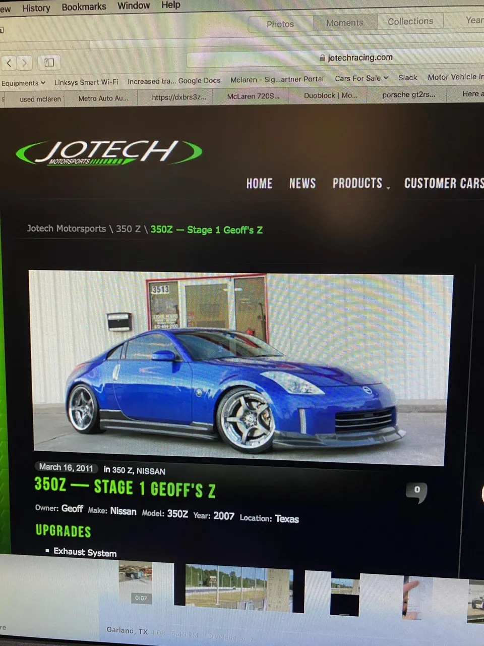 Blue Nissan 350Z with custom wheels and front splitter displayed on Jotech Motorsports website.