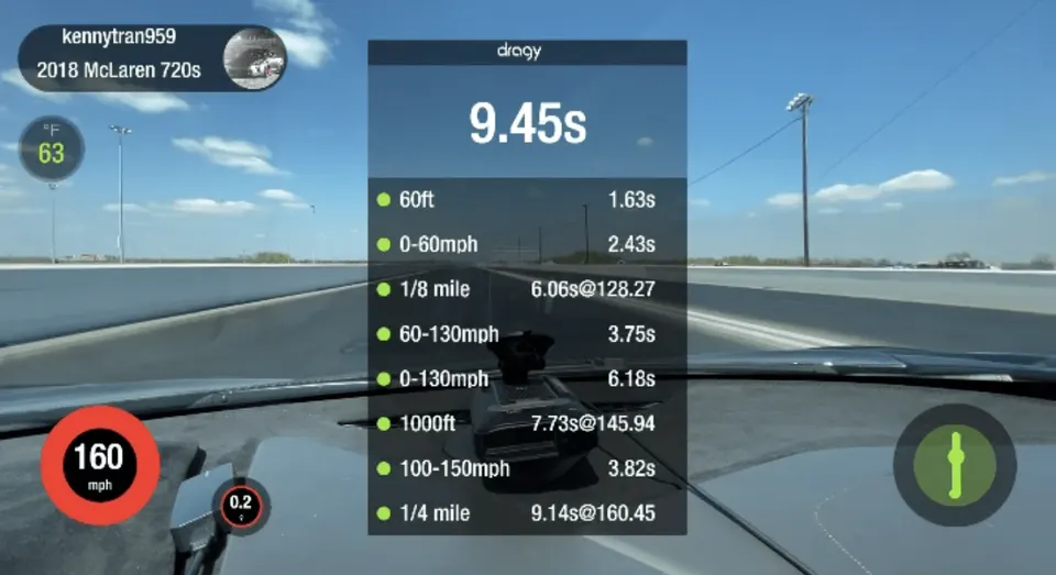 A 2018 McLaren 720s on a drag strip, displaying a 9.45s 1/4 mile time on a Dragy performance meter.