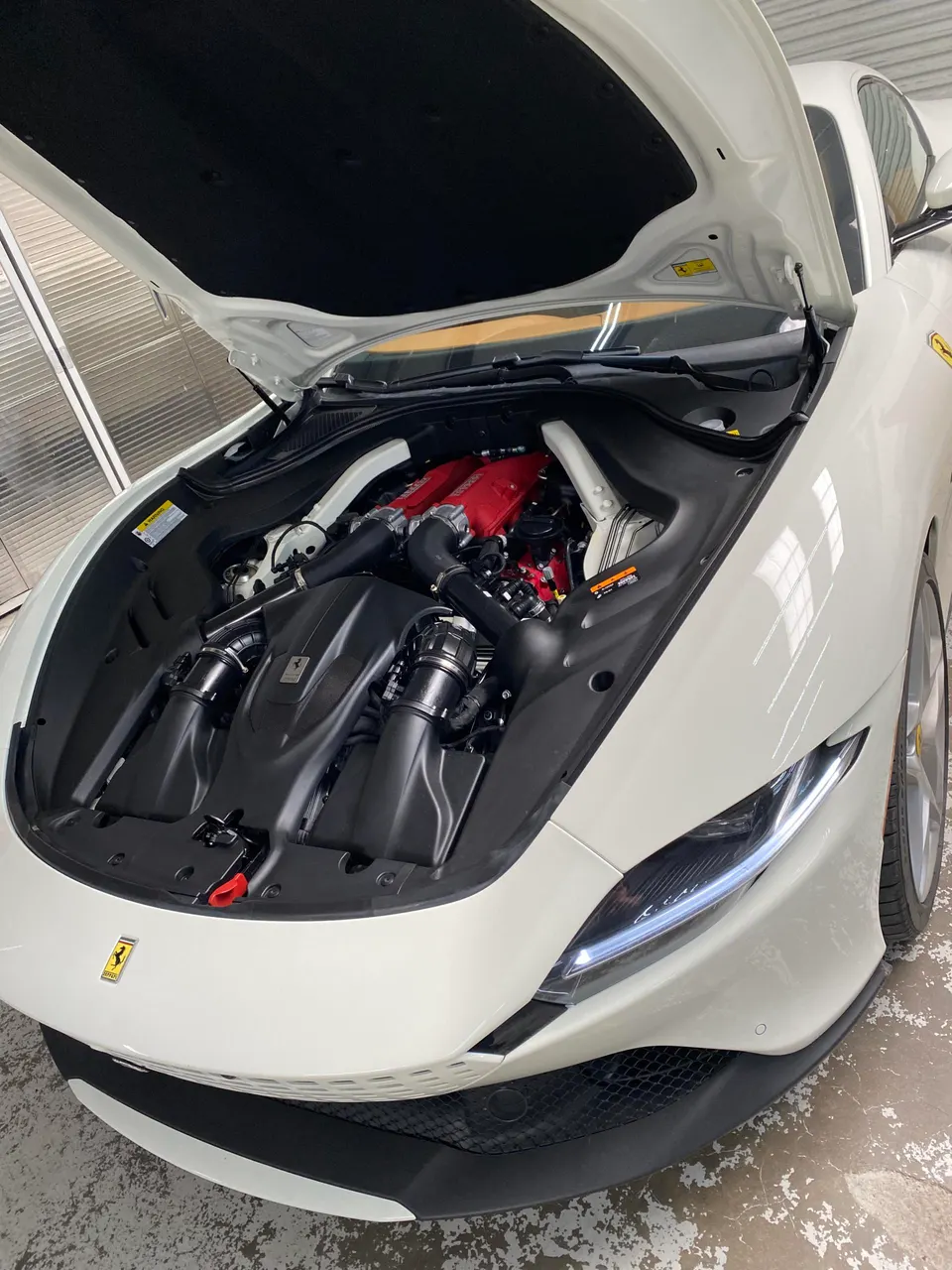 Detailed view of a white Ferrari's engine bay, showcasing the induction system with black airboxes and red engine components.