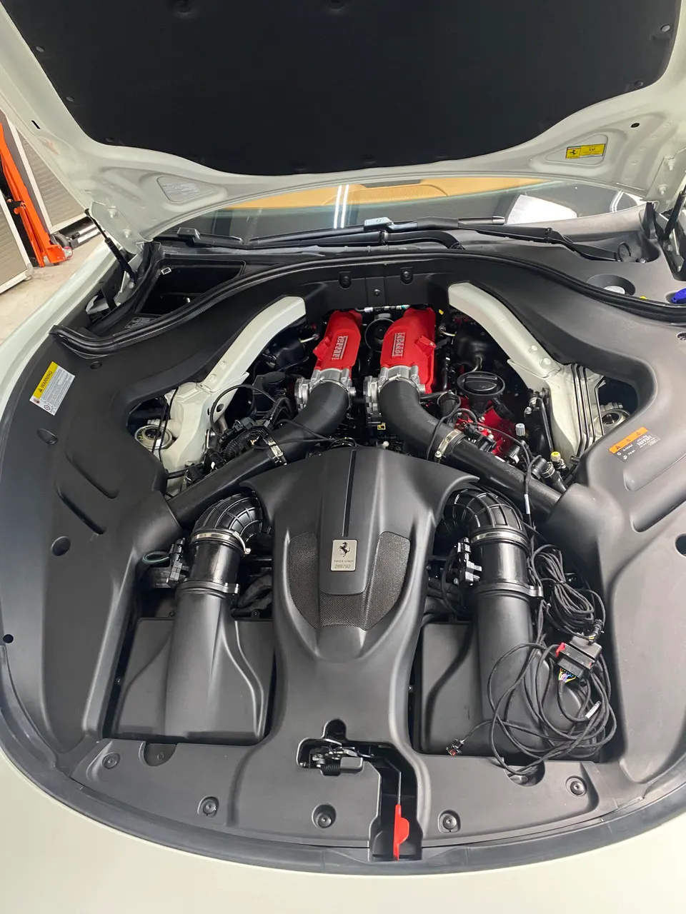 A detailed view of a Ferrari engine bay with red valve covers and black intake system components.
