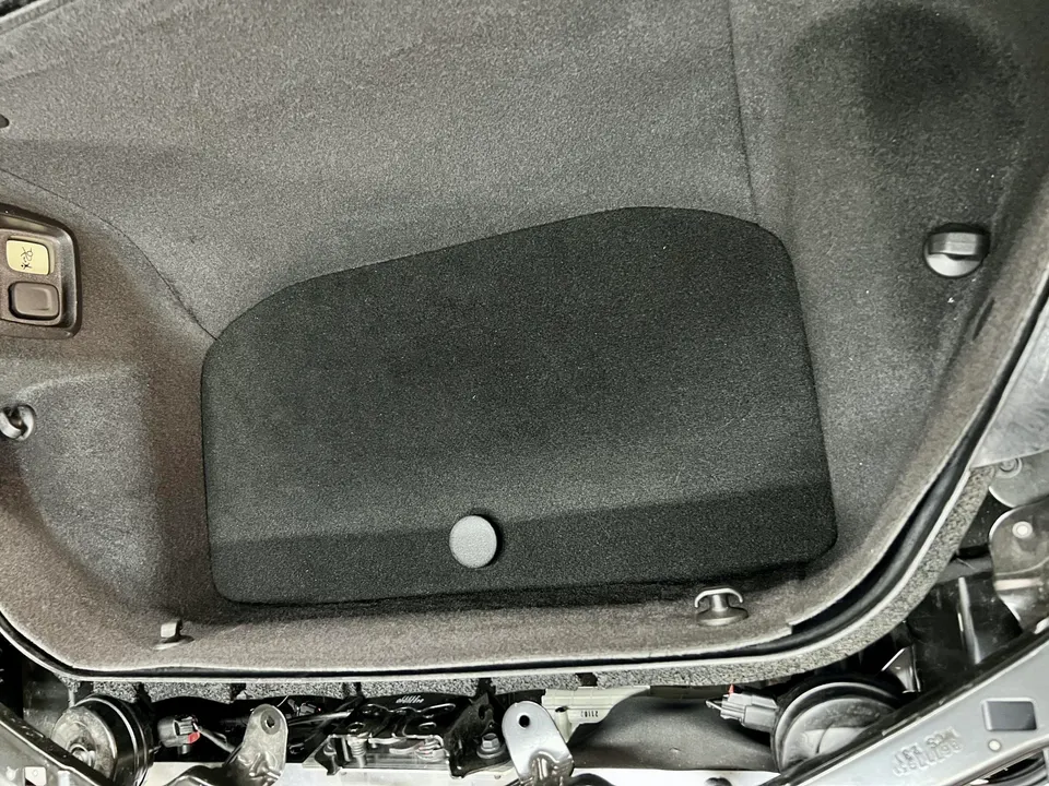 Interior view of a car's carpeted trunk or storage compartment with latches and a button.