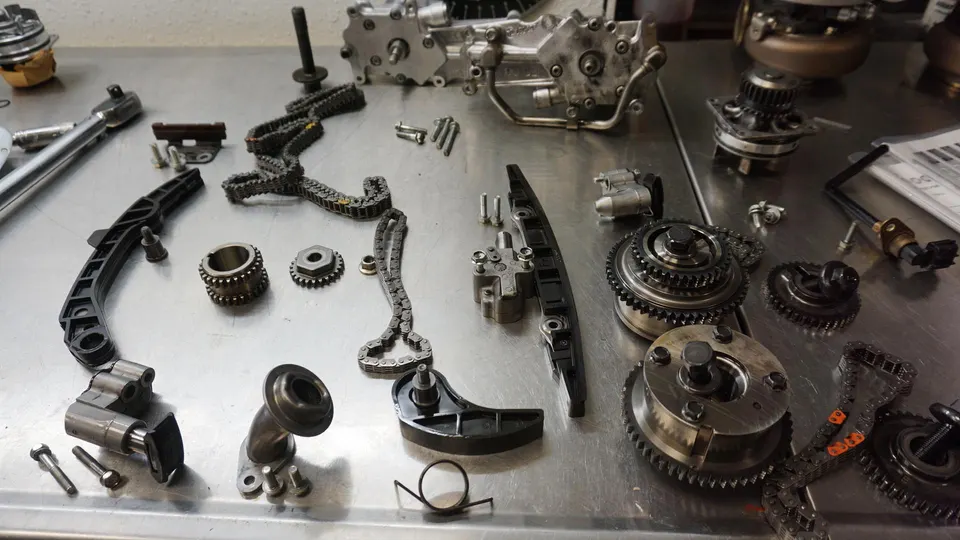 Various engine internal components including timing chains, sprockets, and tensioners laid out on a metal workbench.