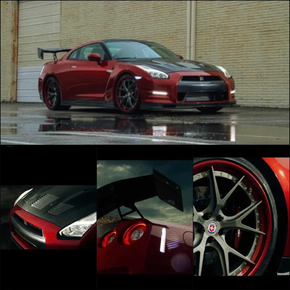 Red Nissan GT-R featuring a carbon fiber hood, large rear wing, and HRE performance wheels on a wet street.