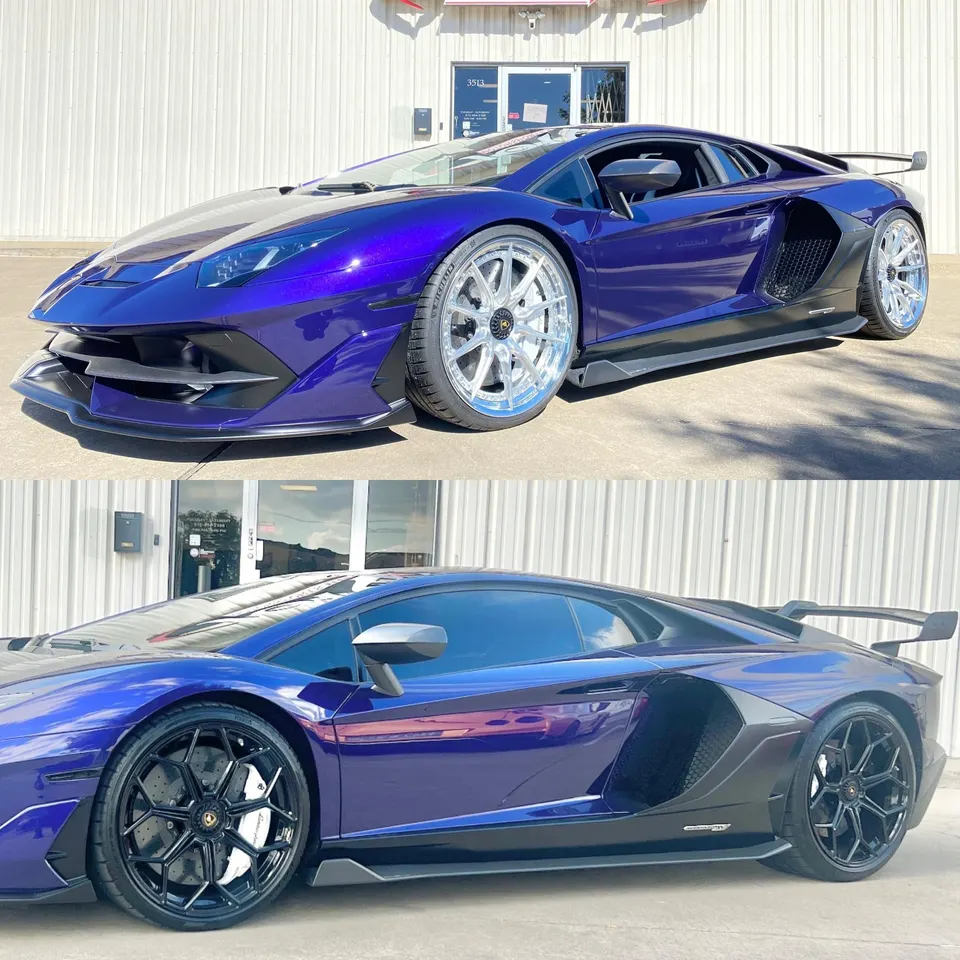 Purple Lamborghini Aventador with custom chrome and black wheels parked outside a performance shop.