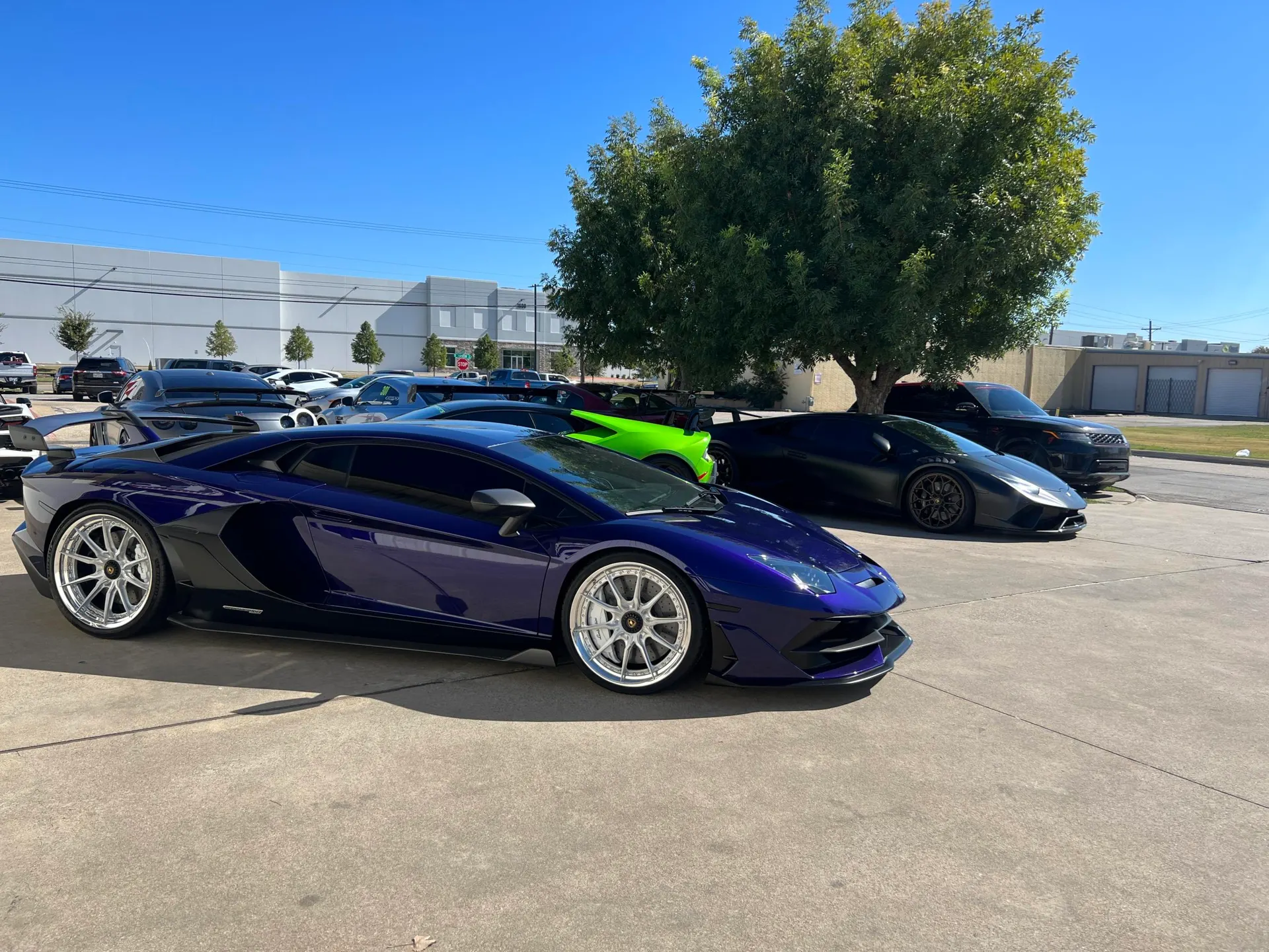 A purple Lamborghini Aventador with custom wheels parked alongside a matte black Lamborghini Huracan and other exotic cars in a sunny parking lot.