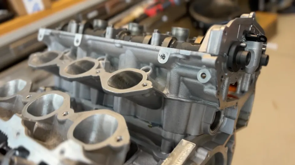 Close-up of a disassembled engine cylinder head with camshafts and intake ports visible during assembly.