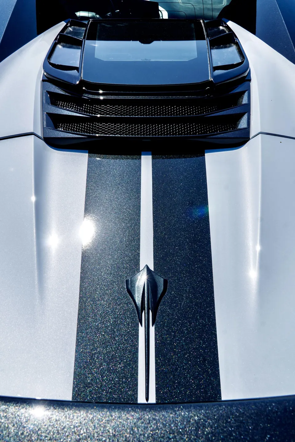 Close-up of a silver Corvette C8 hood with a black racing stripe and emblem, featuring black vents.