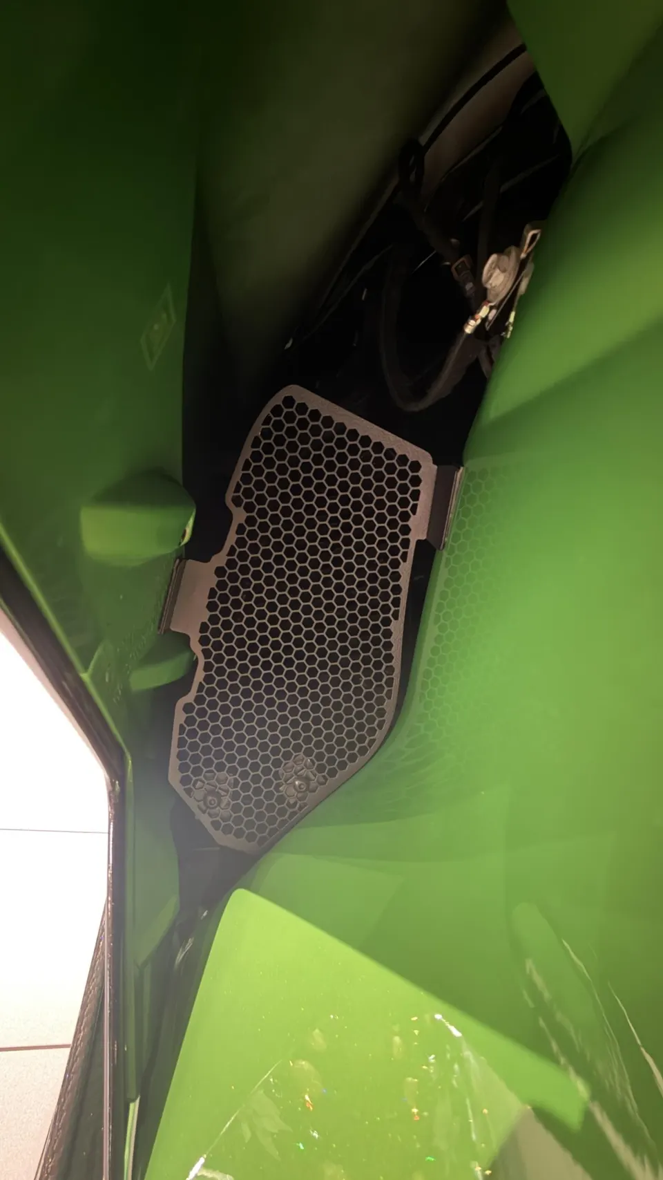Close-up detail of a green performance car's honeycomb grille or vent, showcasing the intricate pattern.
