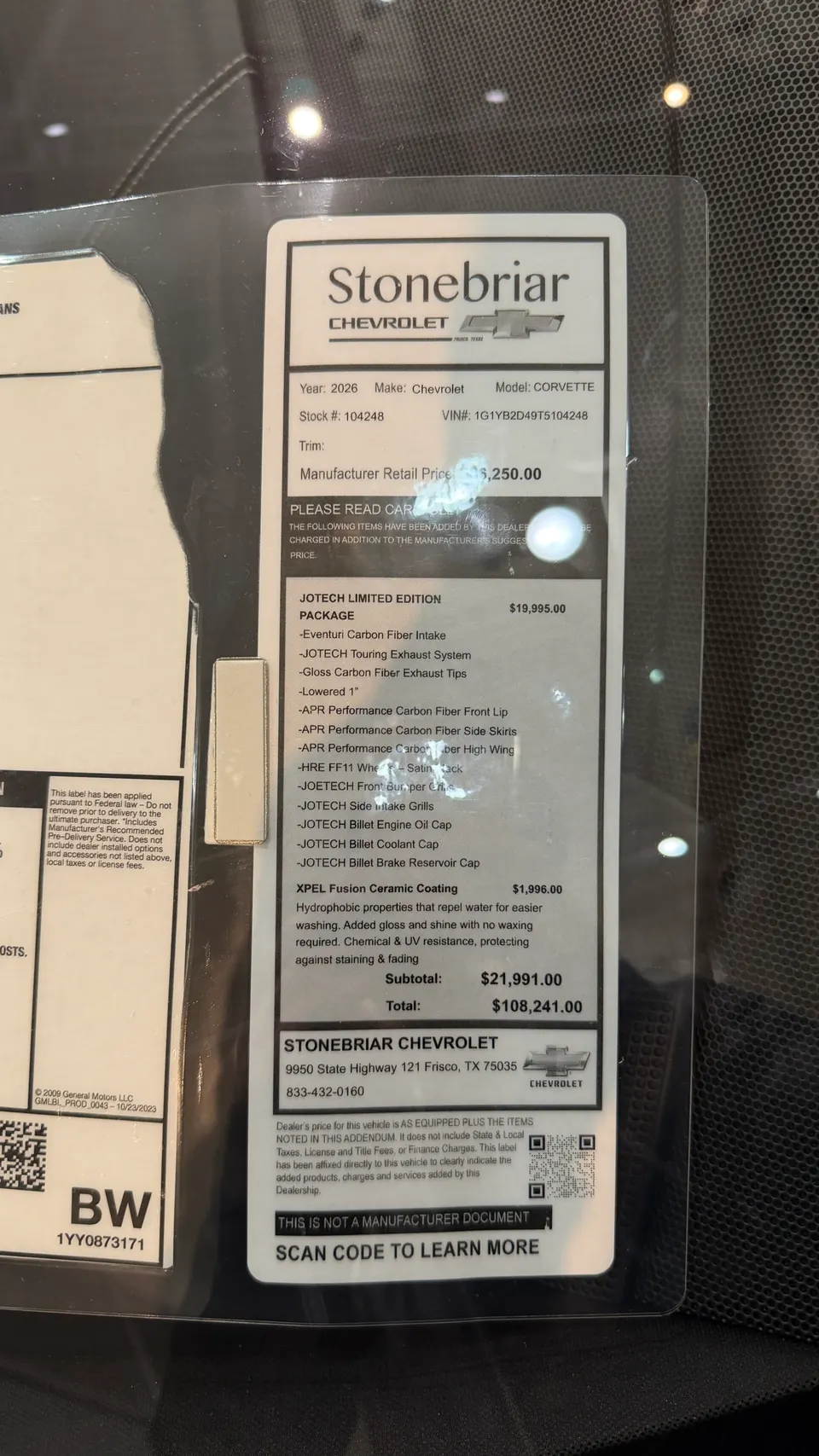 A window sticker for a Chevrolet Corvette at Stonebriar Chevrolet, detailing Jotech Limited Edition package and pricing.