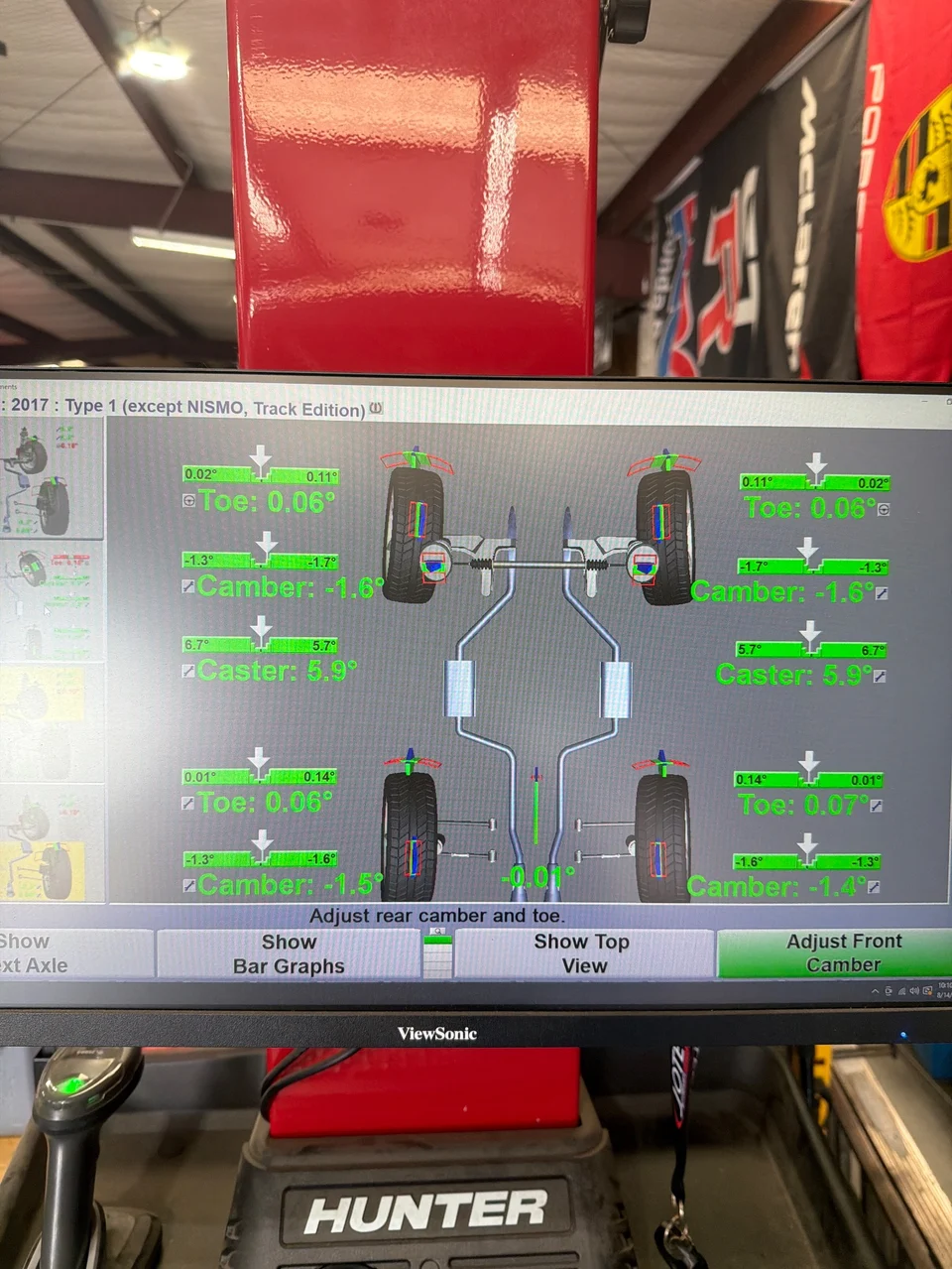Your GTR is on the Hunter alignment system, getting its alignment checked as part of the engine reinstallation.