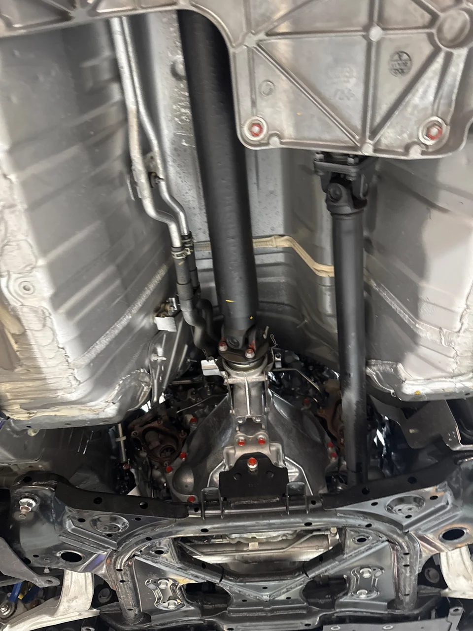 Your GT-R is on the lift, allowing us to inspect the transmission and driveshafts.