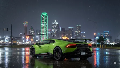 Green Lamborghini Huracan supercar parked on a wet city street at night with a skyline in the background.