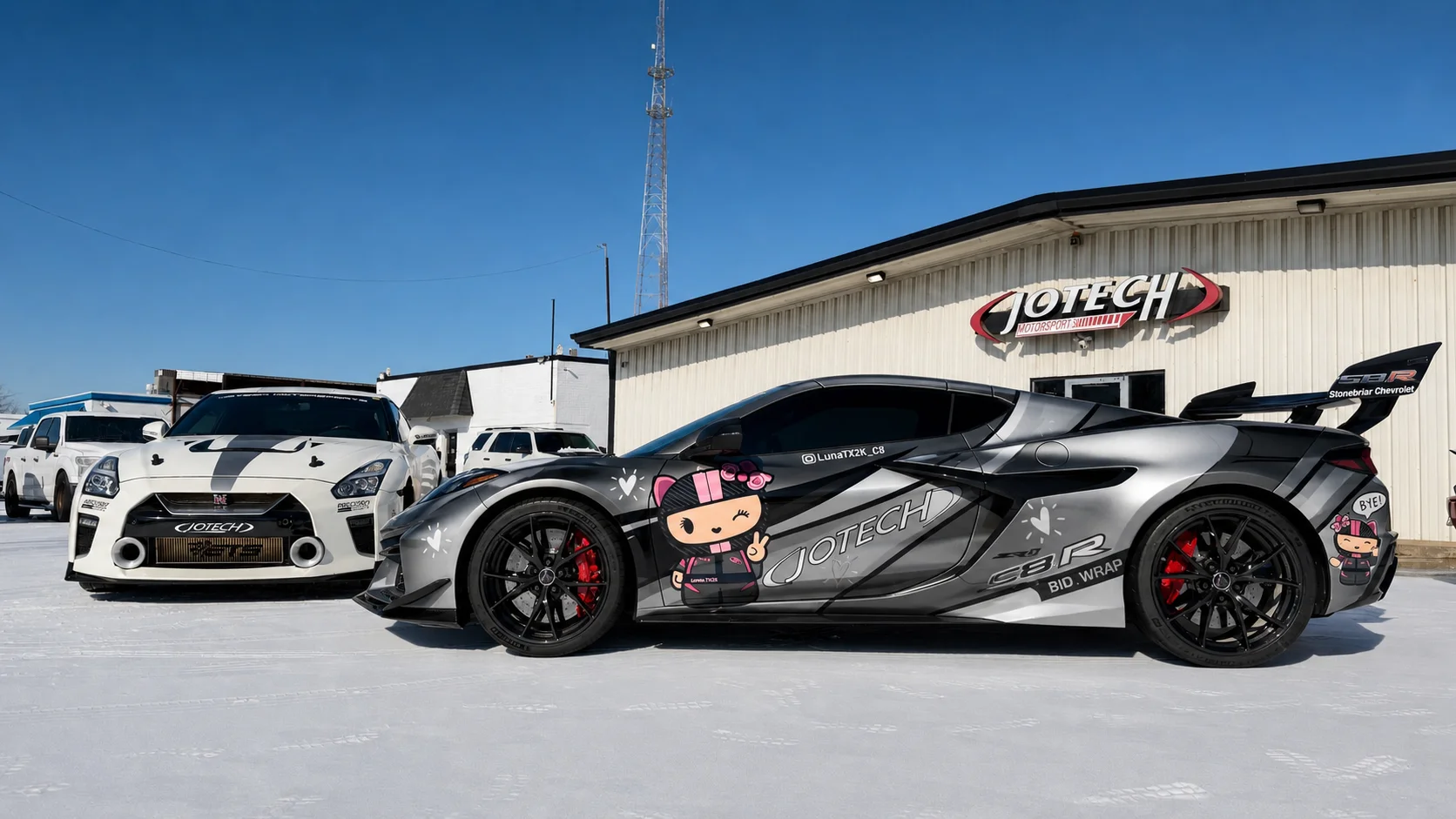 Two highly modified cars, a white Nissan GT-R and a gray C8 Corvette with a custom wrap, parked outside Jotech Motorsports.