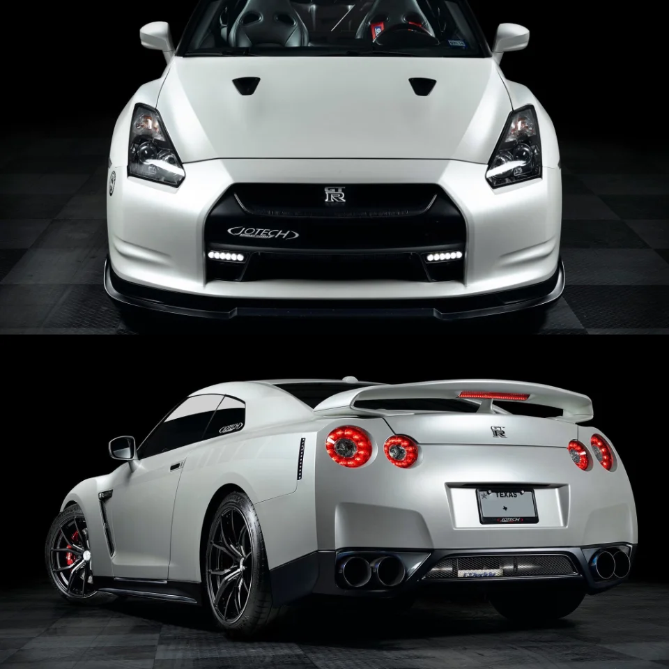 Front and rear view of a white Nissan GT-R with Jotech modifications, aftermarket wheels, and LED daytime running lights.