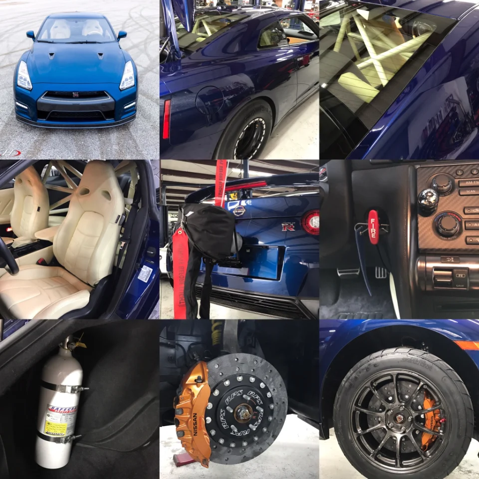 A collage of detailed images showcasing a blue Nissan GT-R with a roll cage, drag wheels, performance brakes, and a racing interior.