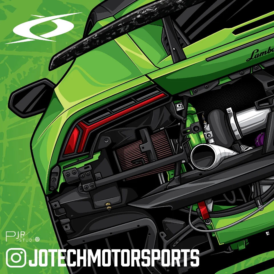 A detailed illustration of the rear of a green Lamborghini Huracan, showcasing its exposed turbocharger and custom exhaust system.