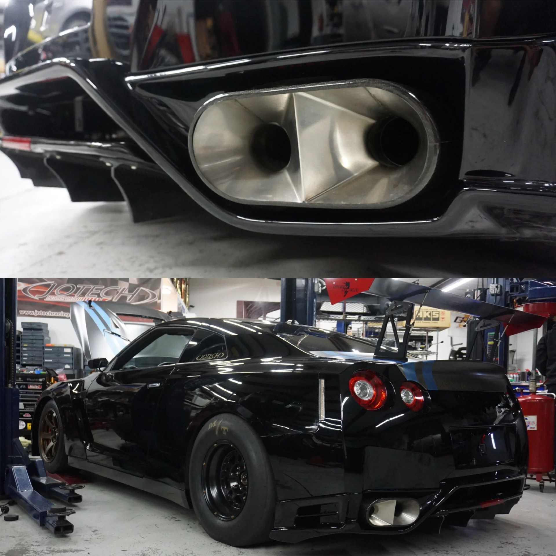 Close-up of a custom exhaust system and rear diffuser on a black Nissan GT-R drag car in the Jotech Motorsports shop.