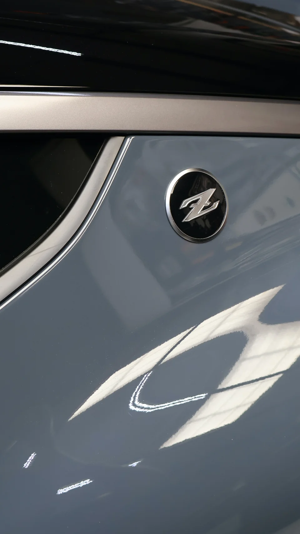 Close-up detail of the Nissan Z emblem on a grey car, showcasing the glossy paint and chrome trim.