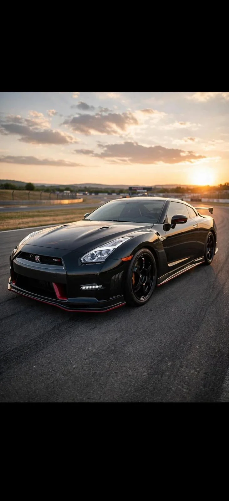 A black Nissan GT-R Nismo parked on a race track at sunset with a vibrant sky.