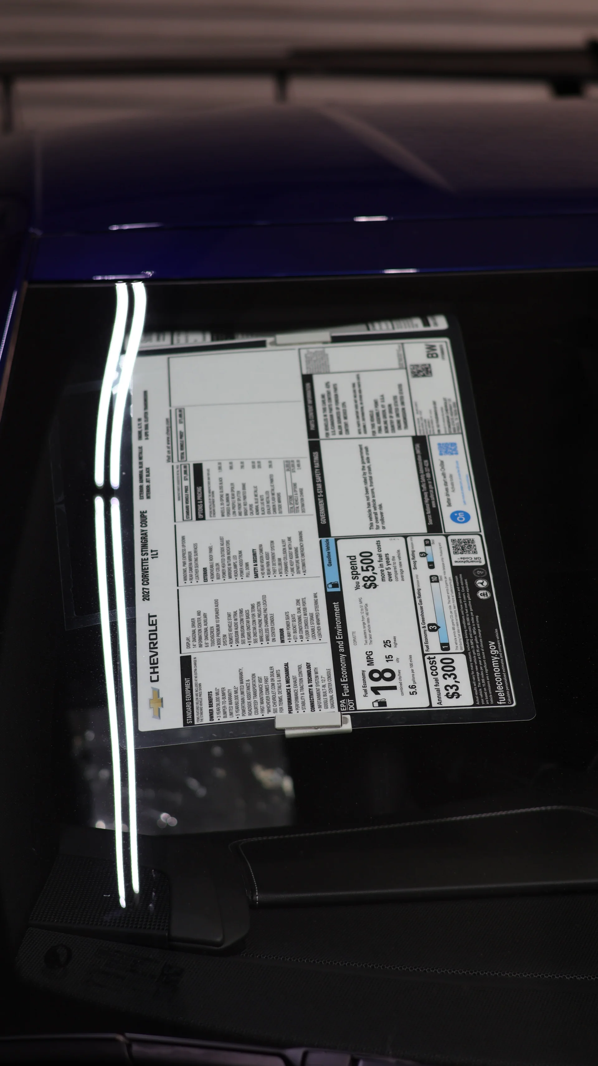 Chevrolet Corvette window sticker displaying vehicle options, pricing, and fuel economy information.